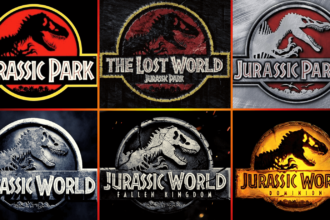 Every Jurassic Park and Jurassic World logo on a collage picture.