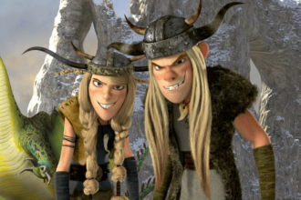 Ruffnut and Tuffnut grinning next to each other outside near a green dragon behing them.