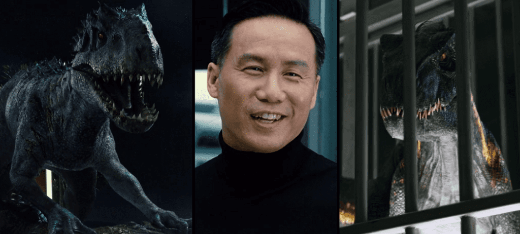 Indominus Rex next to Henry Wu and Indoraptor in a collage.