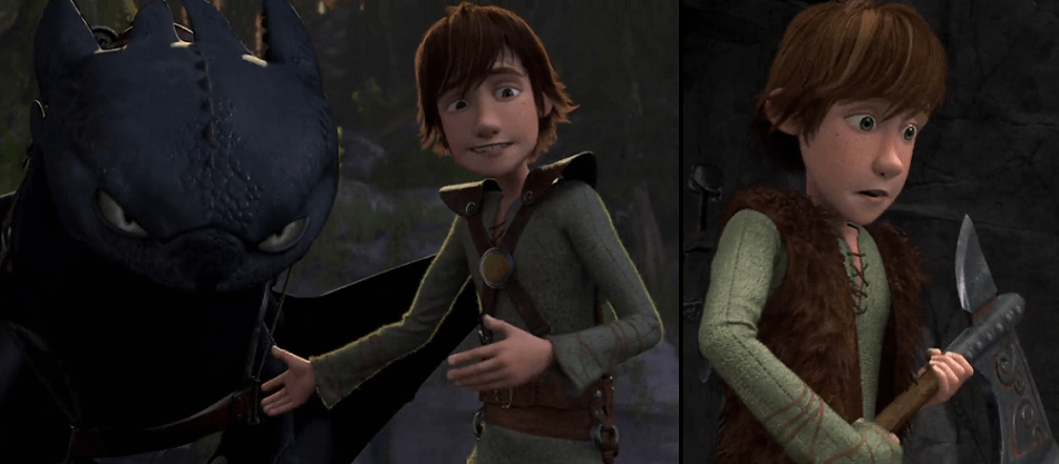 Hiccup presenting Toothless and holding an axe in the next image.