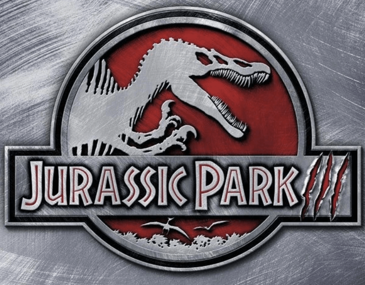 Jurassic Park 3 logo with a metallic background and an image of Spinosaurus.