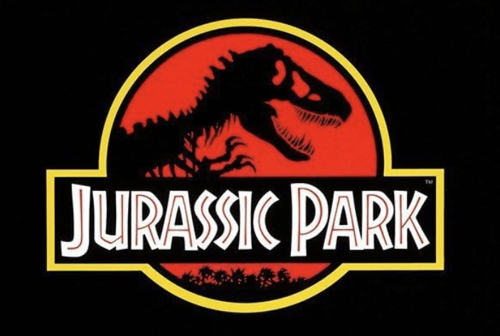 Jurassic Park logo with the skeleton of Tyrannosaurus Rex inside a red circle with text in front.