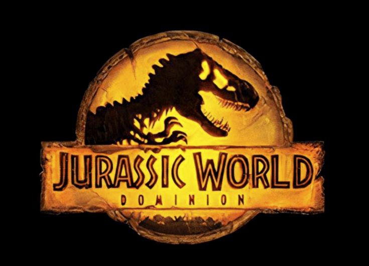 Jurassic World Dominion logo with a crystallised Tyrannosaurus Rex skeleton with text.
