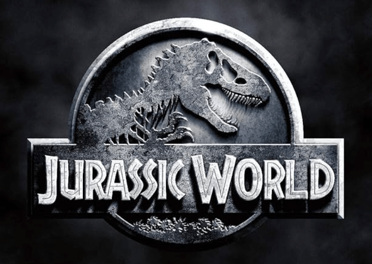 Jurassic World logo with a silhouette of a Tyrannosaurus Rex.