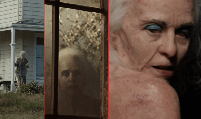 Scary looking old woman Pearl in a collage of images in the movie X.