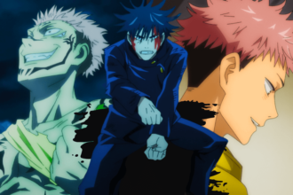 Megumi Fushiguro posing in front of Ryomen Sukuna and Yuji Itadori in Jujutsu Kaisen.