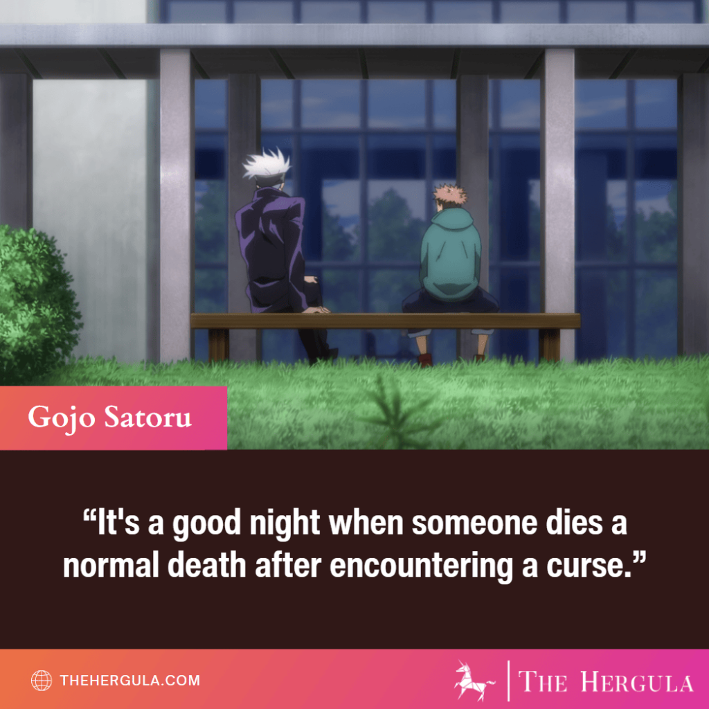 Gojo sitting next to Yuji on a park bench with a quote about normal death.