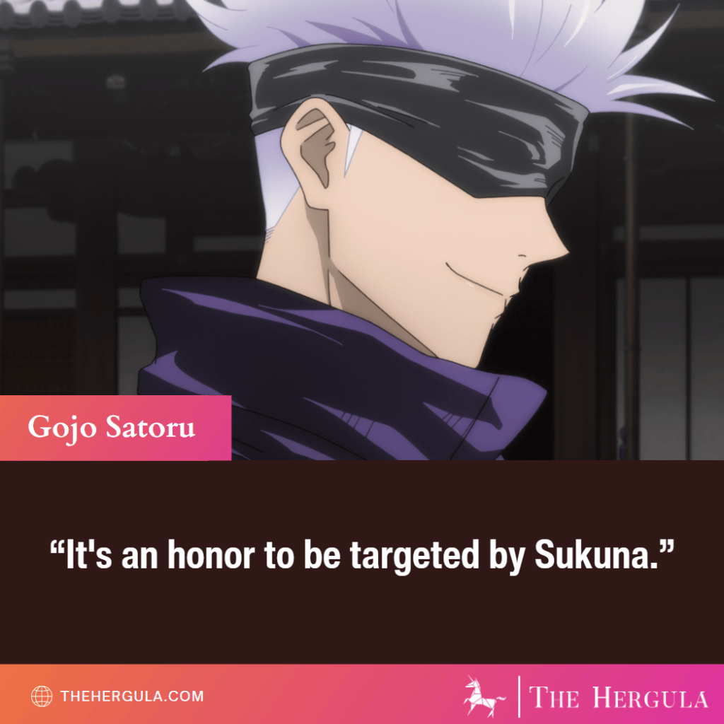 Gojo Satoru looking confident while feeling honored by Sukuna who wants to fight him.