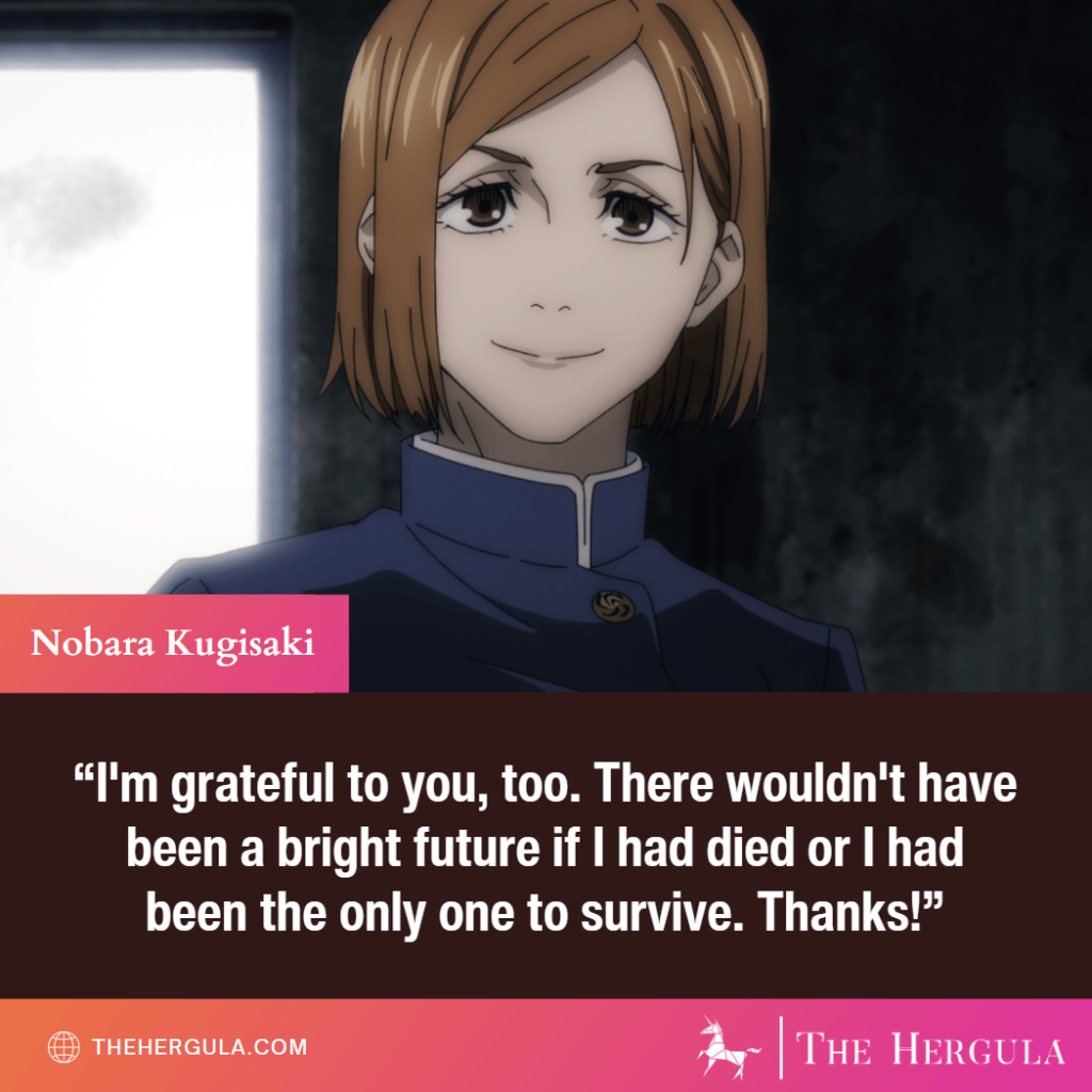 Kugisaki smiling warmly with a quote thanking Itadori for saving her in JJK.