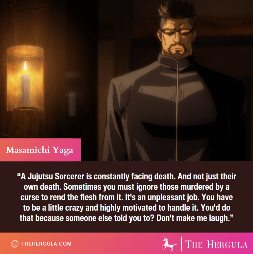 Principal Yaga standing in a dark room talking about Jujutsu Sorcerers quote.