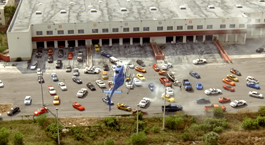 Car scramble In 2 Fast 2 Furious with a helicopter observing it from above.
