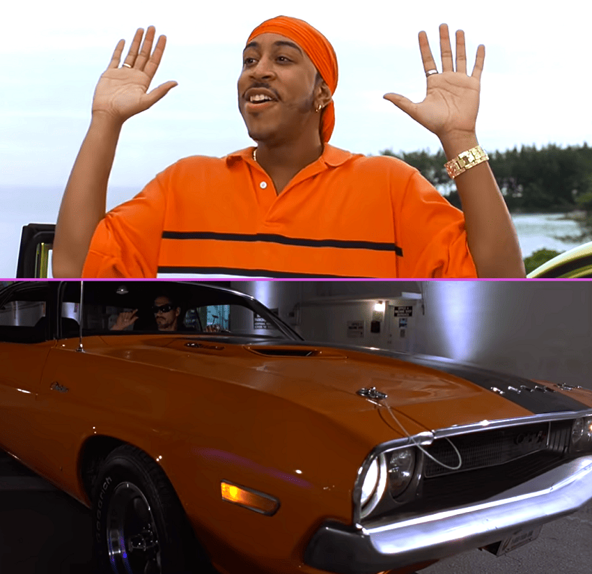 Ludacris with an orange outfit with his hands up and an image of an orange muscle car.