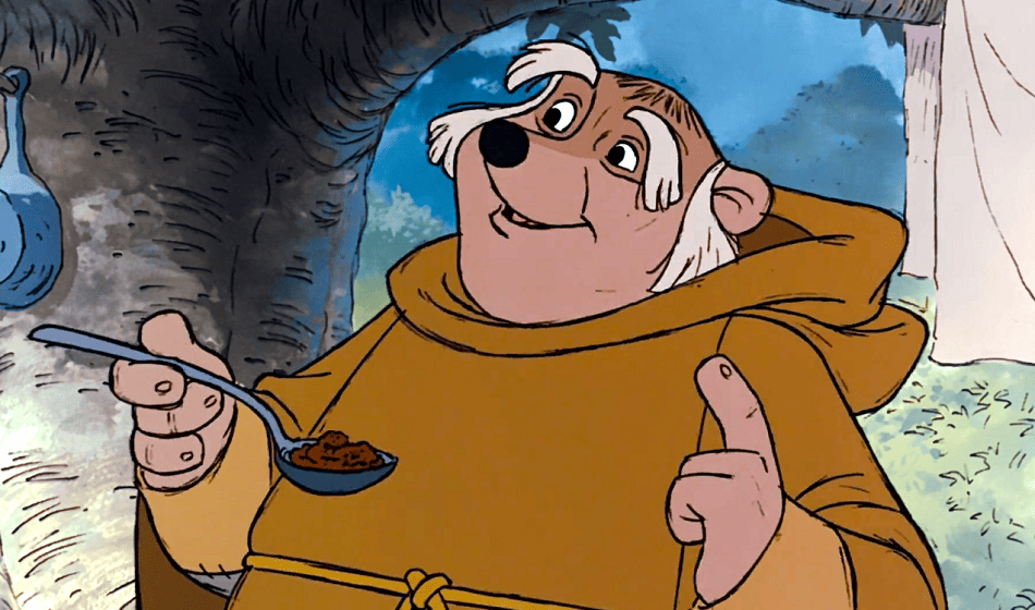 Friar Tuck pointing his finger while holding a spoon full of food in the forest.