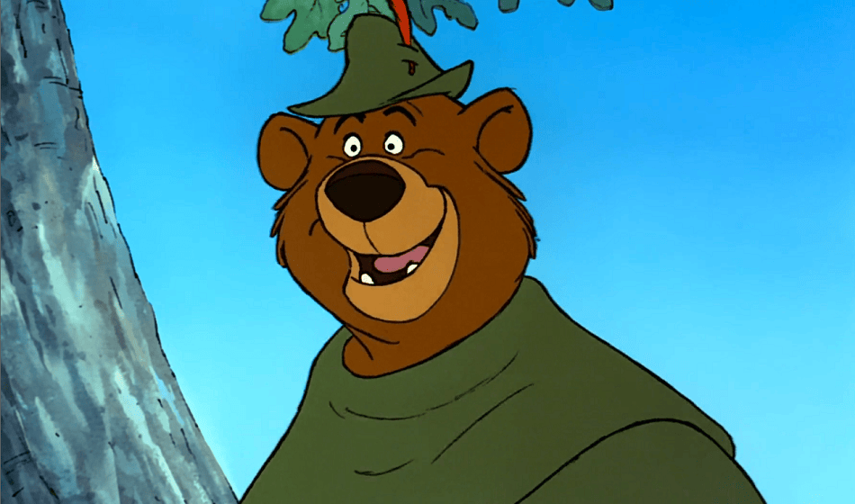 Little John with a huge smile and green outfit in Disney's Robin Hood.