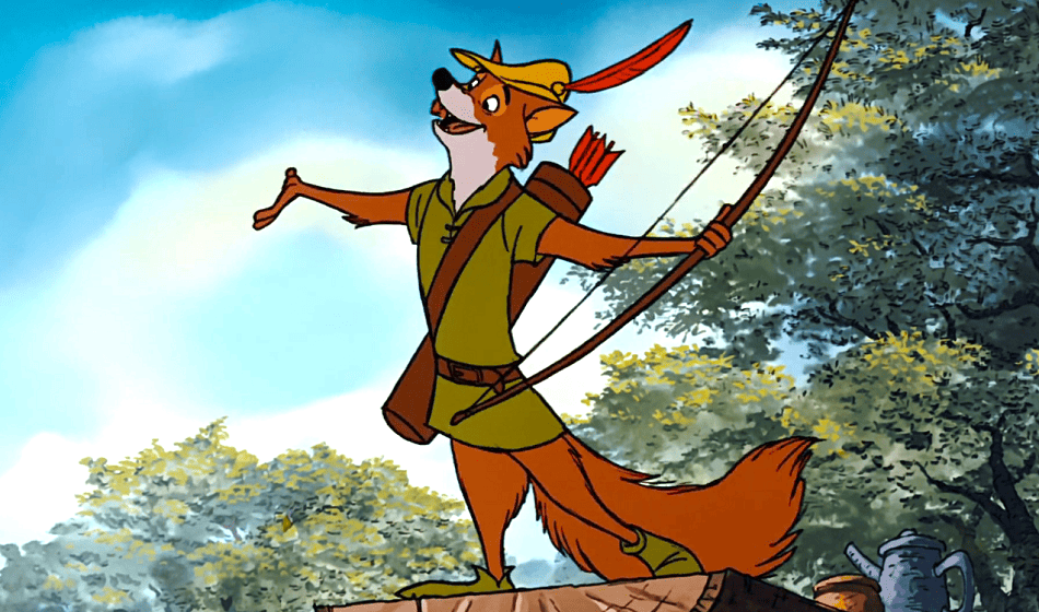 Disney Robin Hood with a bow and arrows posing with his arms out smiling joyfully.