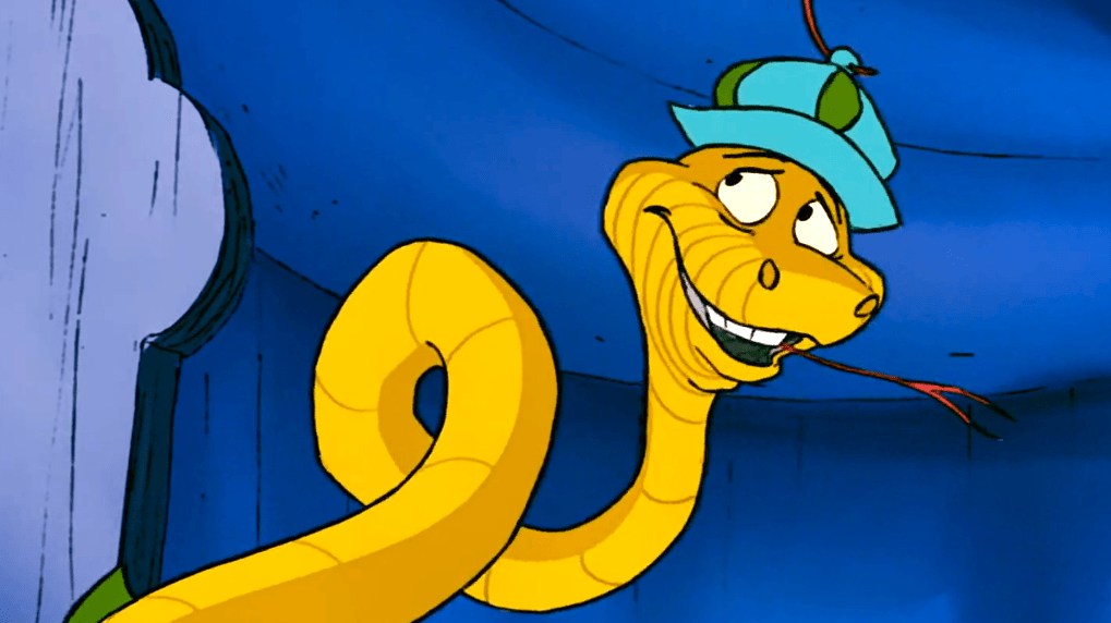 Sir Hiss looking scared while leaning away with a cute blue hat and yellow scaley skin.