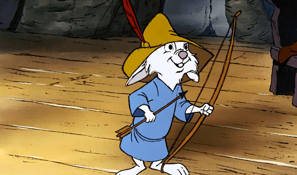 Skippy bunny with a bow and arrow wearing Robin Hood's hat smiling.