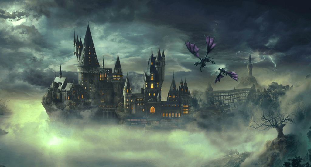 Hogwarts in thunderous weather at night time with two Thestrals flying near it.