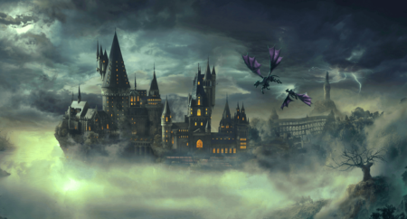 Hogwarts in thunderous weather at night time with two Thestrals flying near it.