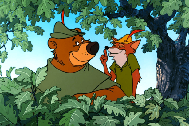 Little John looking at Robin Hood sushing him with a big smile while inside of a large tree.