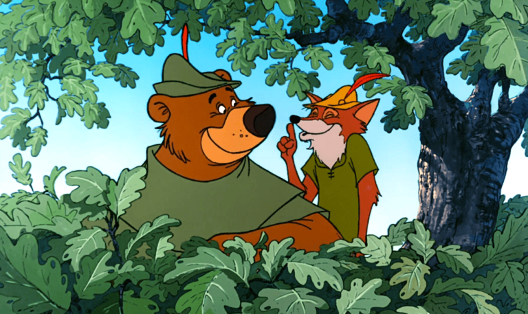 Little John looking at Robin Hood sushing him with a big smile while inside of a large tree.