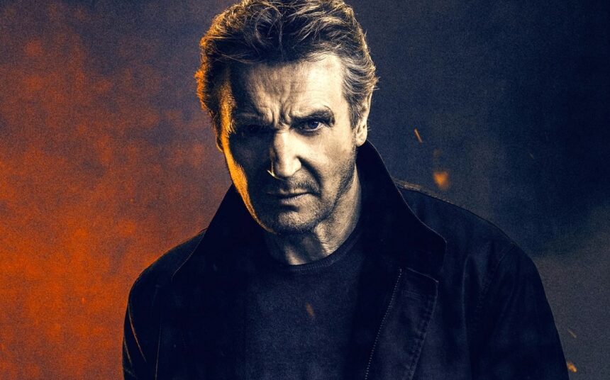 Liam Neeson in a black shirt and jacket in a mist of red and black colors.