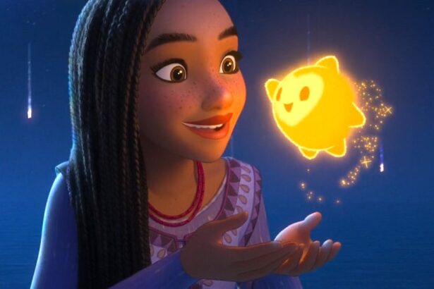 Asha looking at star who is sparkly and happy in Disney's Wish.