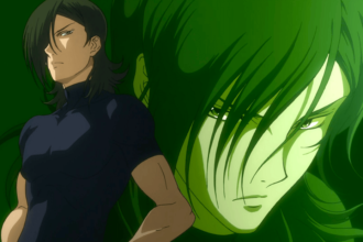Vivid green background with Allelujah Haptism back to back in Gundam 00 wallpaper.