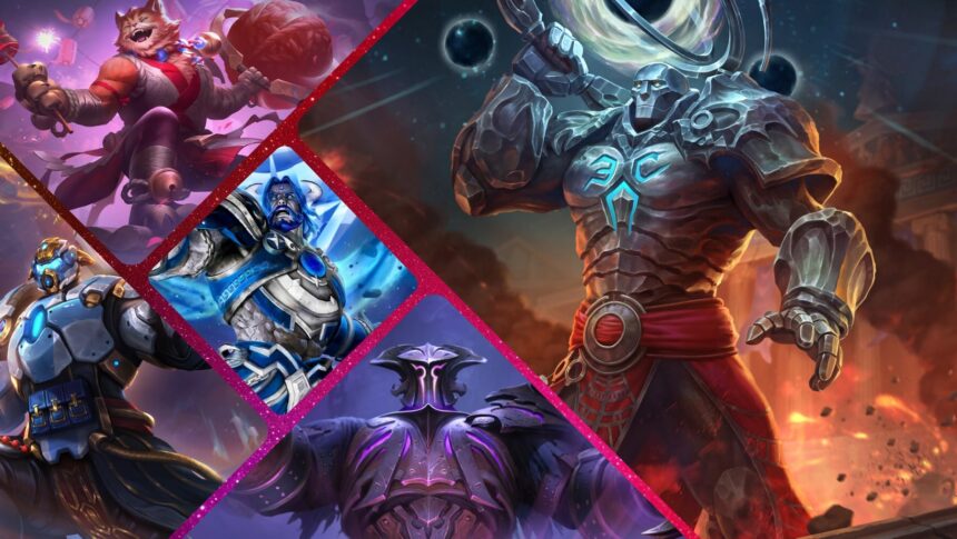Various Atlas Skins in Smite video game with sparkly background.