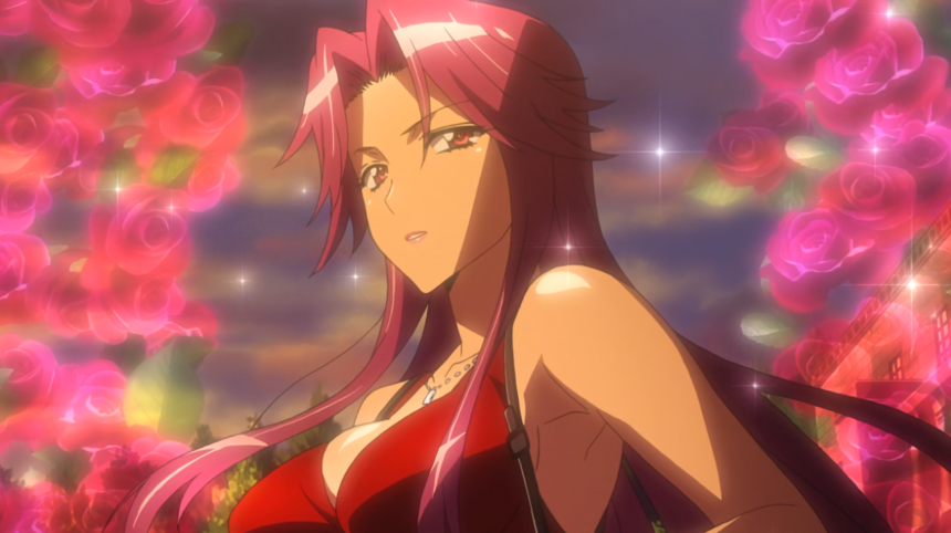 Yuriko Tagaki in a red dress with roses surrounding her face outdoors.