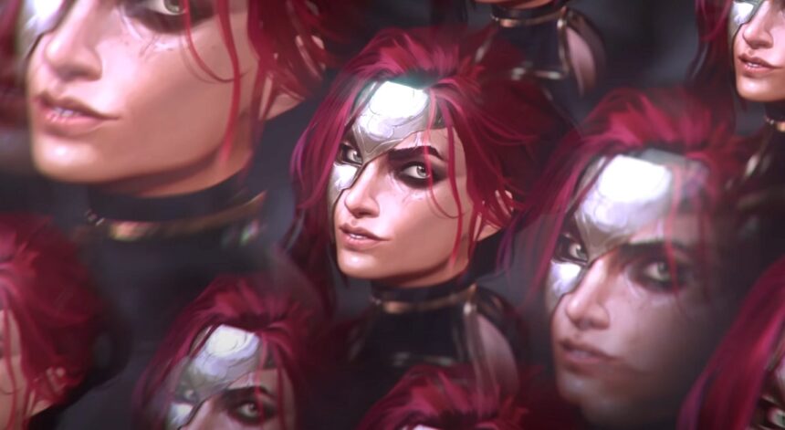 Katarina wearing half a mask smiling over her shoulder with duplicates of her face.