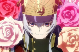 Altair from ReCreators in her commander suit being surrounded by colorful roses.