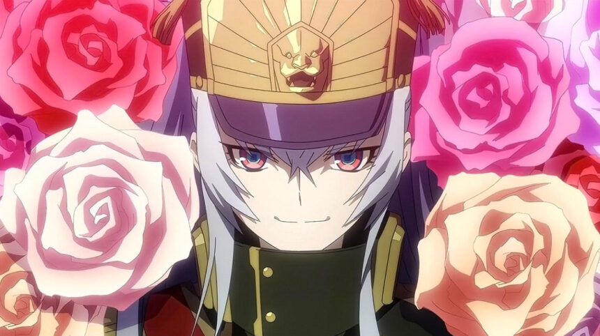 Altair from ReCreators in her commander suit being surrounded by colorful roses.