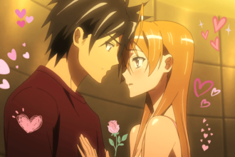 Takashi Komuro and Rei Miyamoto surrounded by hearts and love looking lovingly at each other in HOTD.