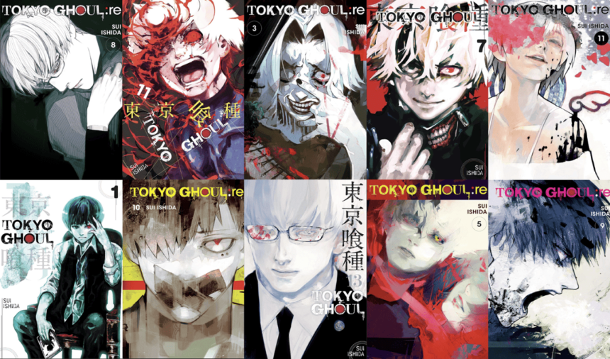 Tokyo Ghoul manga covers featuring Kaneki Ken by Sui Ishida.
