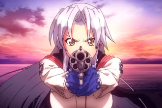 Mikoto Kiba from Triage X aiming a gun near a sunset against the viewer.
