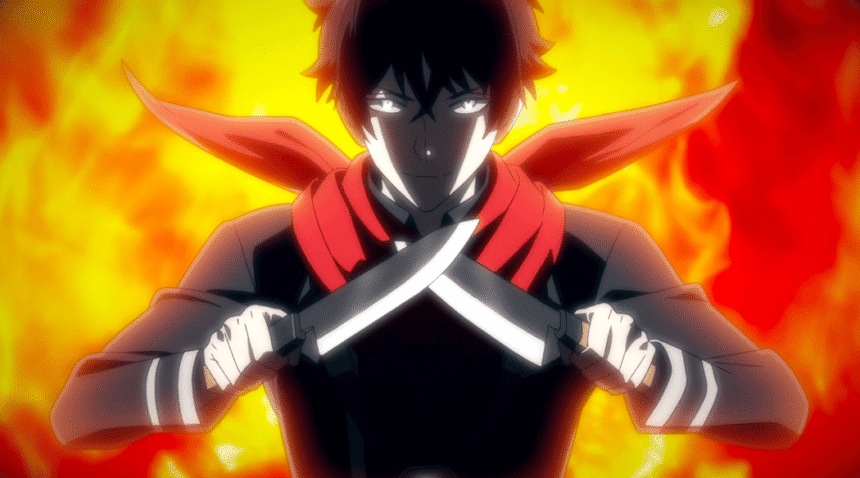 Asahi Nakiri holding cross knives with a fiery background in Food Wars.