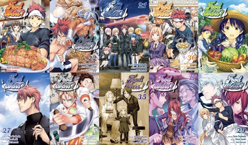 Collection of Food Wars manga covers featuring Soma Yukihira and his friends.