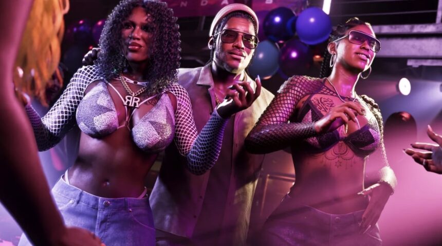 GTA 6 screenshot with a man having his arms around two beautiful black women in a club with neon lights.
