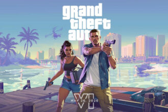 GTA 6 poster for trailer 2 featuring the Rockstar logo and the two characters in Vice City.