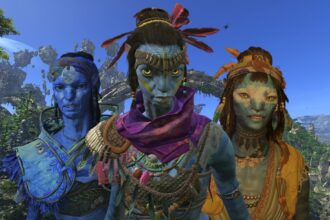 Etuwa standing in front of Ka'nat and Nefika with Pandora behind them in Avatar: Frontiers of Pandora.