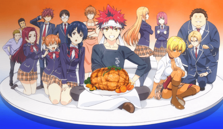 Food Wars anime characters sitting together on a large plate featuring Soma and Ikumi.