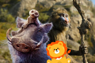 Rafiki standing next to Timon and Pumbaa with a cartoon lion underneath them.